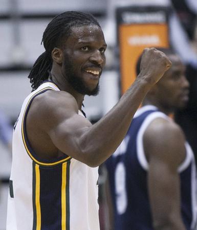 Utah's DeMarre Carroll pumps his fist as Oklahoma City calls a timeout as the Jazz and the Thunder play Tuesday, Feb. 12, 2013 in Energy Solutions arena. Jazz won 109-94. (Scott G Winterton, Deseret News)