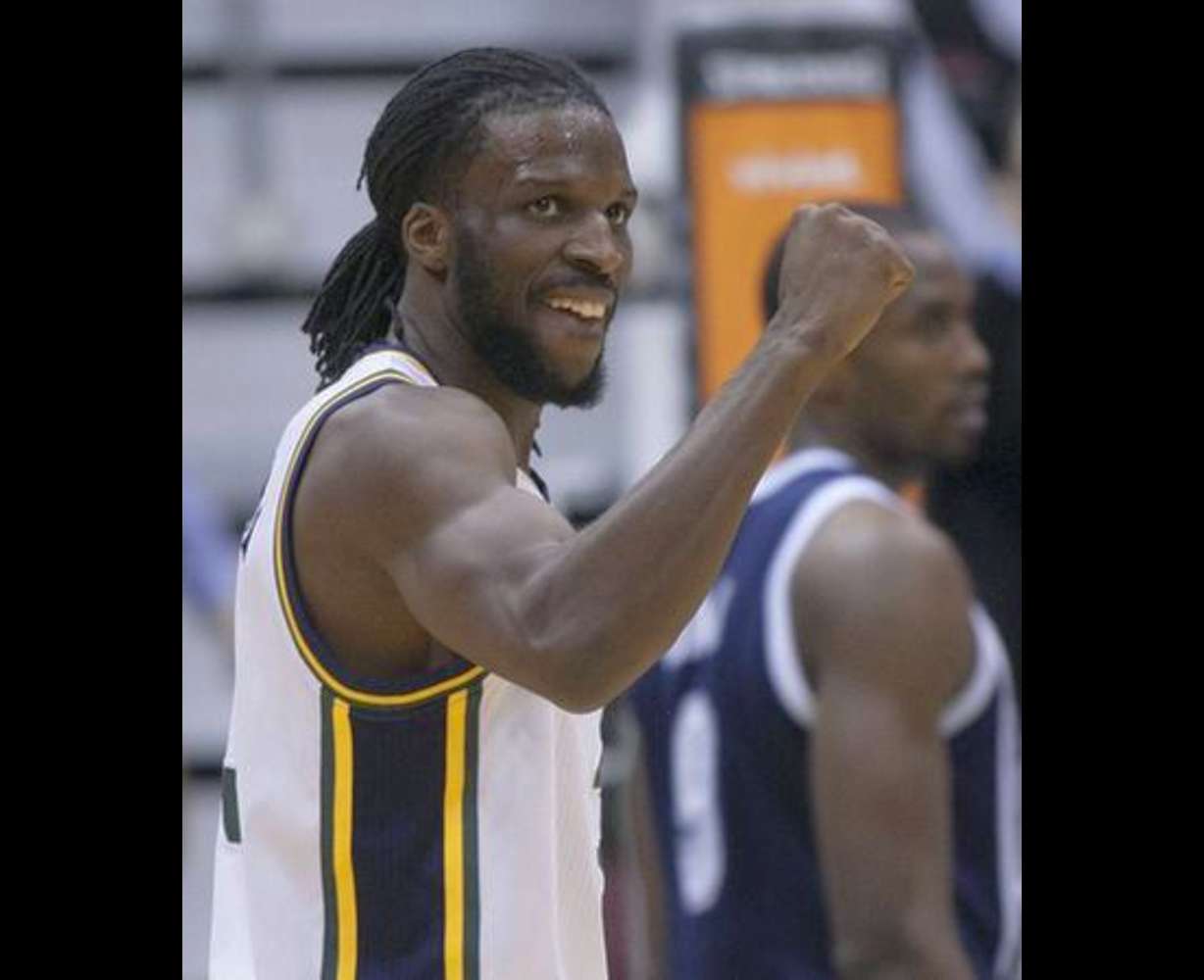 Utah's DeMarre Carroll pumps his fist as Oklahoma City calls a timeout as the Jazz and the Thunder play Tuesday, Feb. 12, 2013 in Energy Solutions arena. Jazz won 109-94. (Scott G Winterton, Deseret News)