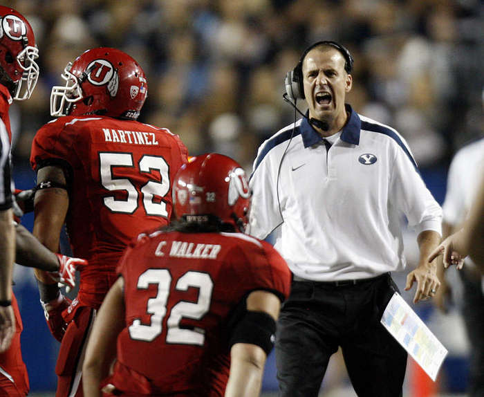 Former BYU Offensive Coordinator Brandon Doman yells a the refs to throw a flag as BYU and Utah play. (Scott G. Winterton/Deseret News)