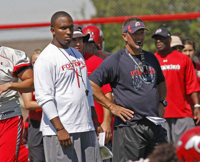 Utah offensive coach Brian Johnson, left, and head coach Kyle Whittingham on the opening day of the University of Utah football camp Thursday, Aug. 2, 2012. (Tom Smart/Deseret News)