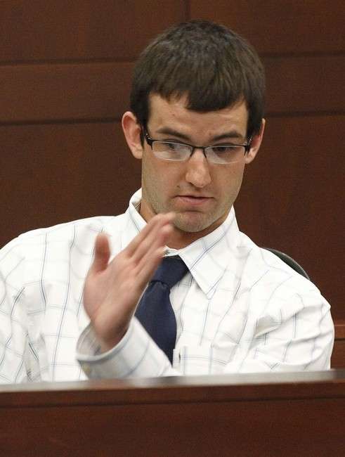 Colton Raines testifies Thursday, Feb. 14, 2013, as his trial continued in Ogden's 2nd District Courthouse with Judge Ernie Jones presiding. Colton Raines and Robert Cole Boyer are two of three men charged in a boating accident last summer on Pineview Reservoir that killed swimmer Esther Fujimoto. (Photo: Leah Hogsten, POOL)