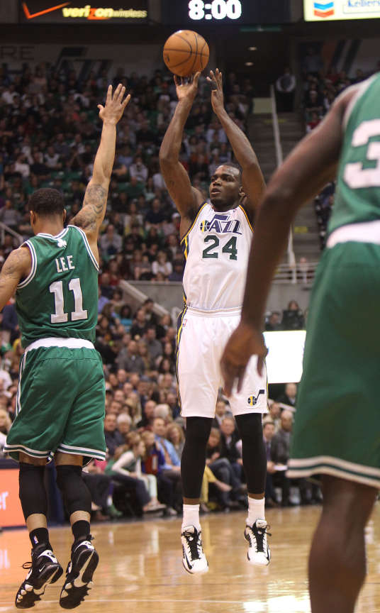 Utah Jazz power forward Paul Millsap (24) shoots against the Boston Celtics (Tom Smart, Deseret News)