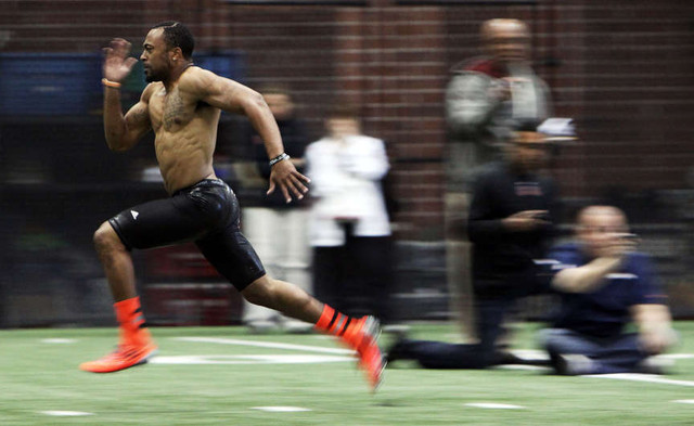 Reggie Dunn runs a 40 during Utah Pro Day at the University of Utah in Salt Lake City, Wednesday, March 20, 2013. (Ravell Call, Deseret News)