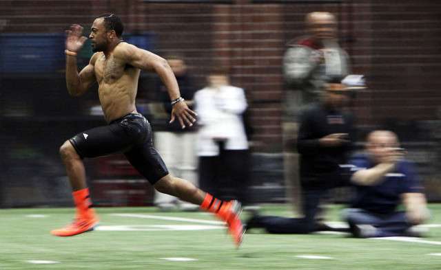 Reggie Dunn runs a 40 during Utah Pro Day at the University of Utah in Salt Lake City, Wednesday, March 20, 2013. (Ravell Call, Deseret News)