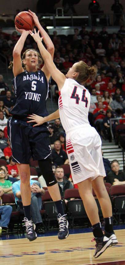Jennifer Hamson of Brigham Young takes a shot with Shelby Cheslek of Gonzaga defending during the West Coast Conference women's basketball tournament in Las Vegas, Saturday, March 9, 2013. (Ravell Call, Deseret News)