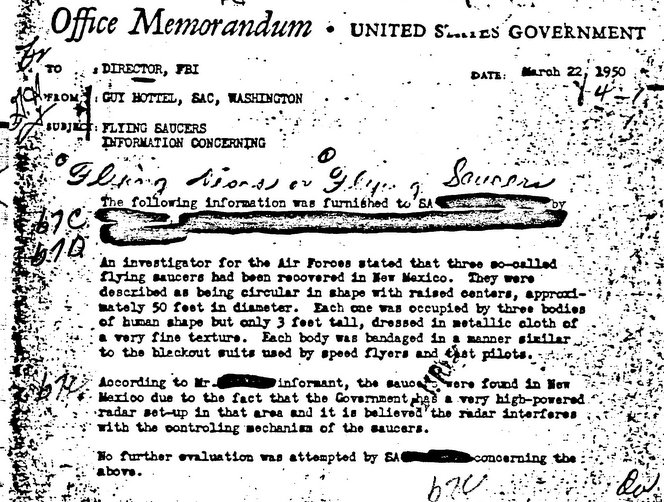 The memo sent from Guy Hottel to J. Edgar Hover regarding supposed UFO sightings from March 22 to 1950.