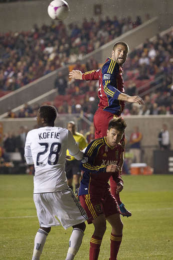 Real Salt Lake defender Chris Wingert makes a flick in the box during the second half Oct. 27, 2012 (Ben Brewer, Deseret News)