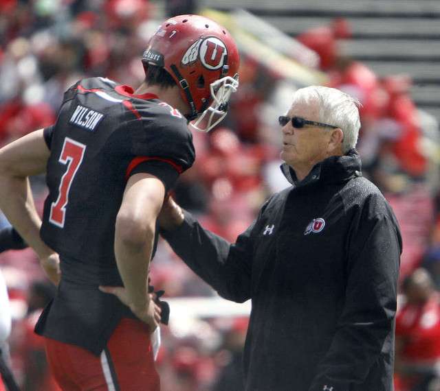 Utah QB Travis Wilson and new co-offensive
coordinator Dennis Erickson (Laura Seitz,
Deseret News)