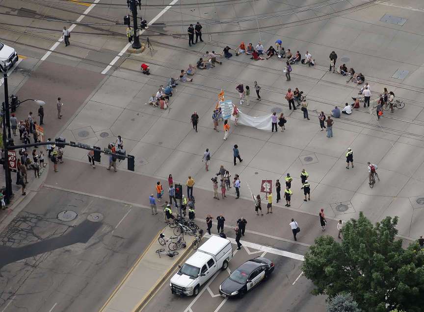 Sentencing for Tim DeChristopher Tuesday, July 26, 2011 supporters block the road at Main street and 400 south after DeChristopher was sentenced to two years in federal prison.