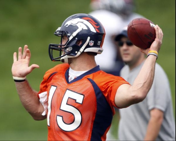 Denver Broncos quarterback Tim Tebow sets to throw the football at passing camp at the team's training facility in Englewood, Colo., on Friday, June 4, 2010. (AP Photo/Ed Andrieski)