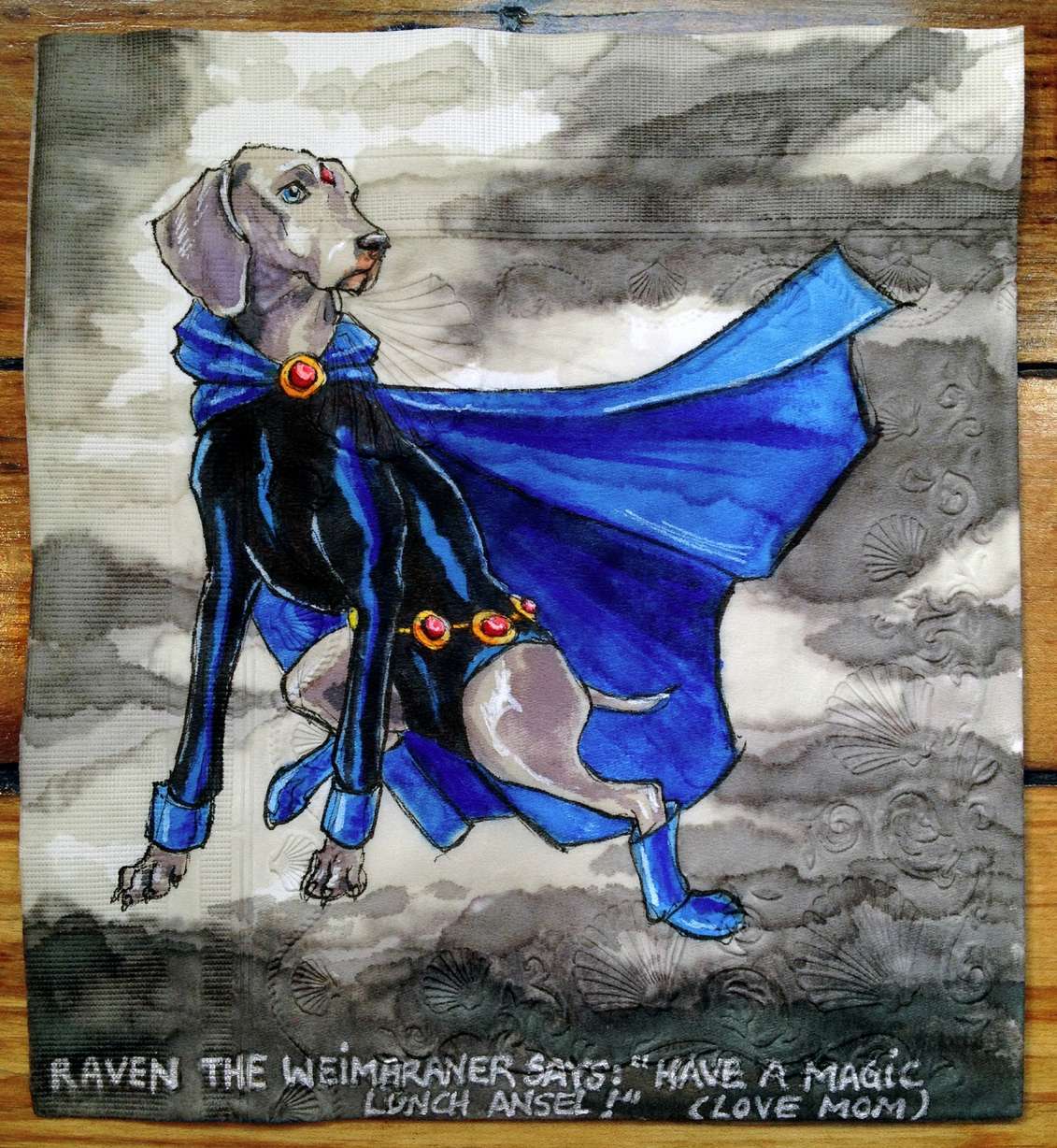 Raven from Teen Titans rendered as a weimereiner breed dog.