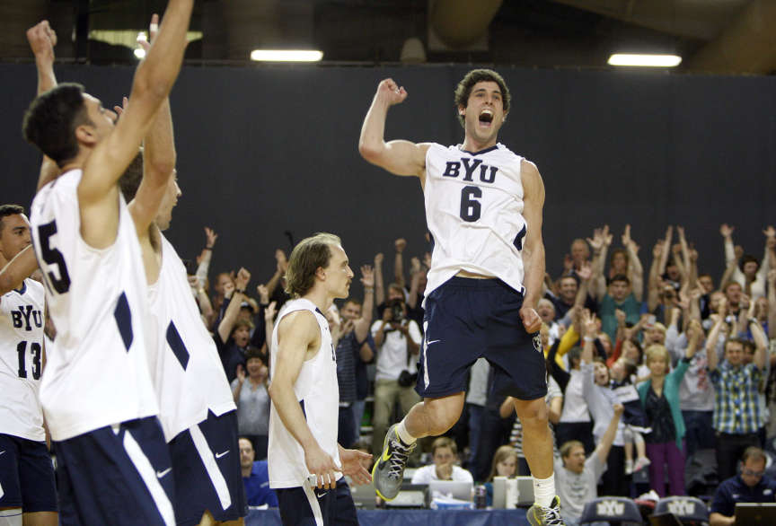 BYU's Josue Rivera (6) and teammates celebrate as Brigham Young University defeats Long Beach State 3-0 in men's volleyball to gain an automatic bid to the NCAA final four next week Saturday, April 27, 2013, in Provo. (Submission date: 04/27/2013)