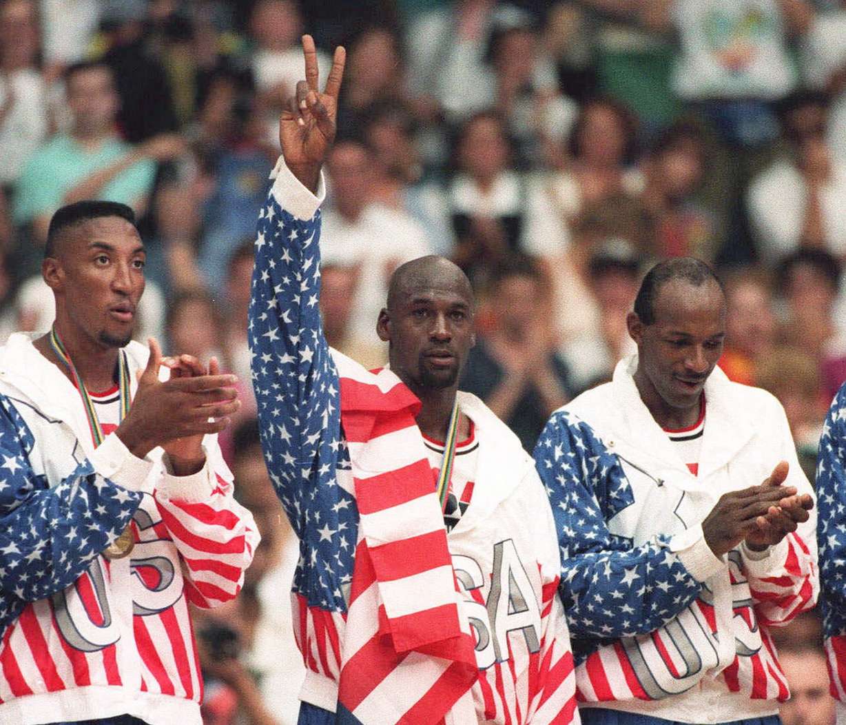 In sweeping their overmatched international opponents in Barcelona, the U.S. Dream Team (including, from left, Scottie Pippen, Michael Jordan and Clyde Drexler) created by 11 NBA superstars set the standard for future American basketball teams. (AP file)