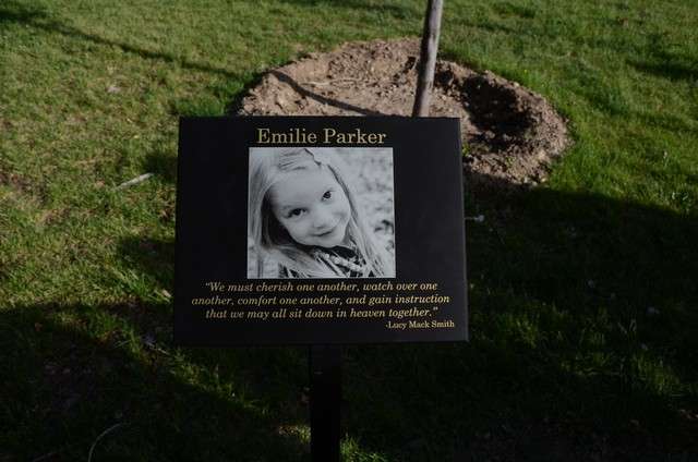 A new memorial was dedicated in memory of 6-year-old Emilie Parker, who died in the Sandy Hook school shooting in Connecticut Dec. 14, 2012. Her parents, Robbie and Alissa Parker, attended the dedication Wednesday.