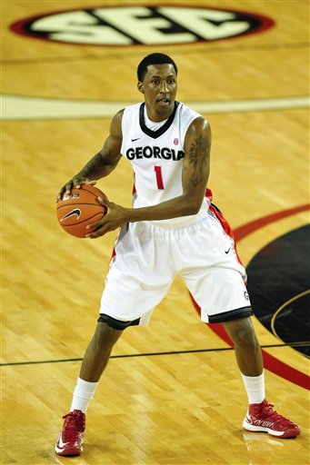 Georgia guard Kentavious Caldwell-Pope (1) works the ball during the NCAA college basketball game against Jacksonville Dolphins in Athens, Ga., Friday, Nov. 9, 2012. (AP Photo/Athens Banner-Herald, AJ Reynolds)