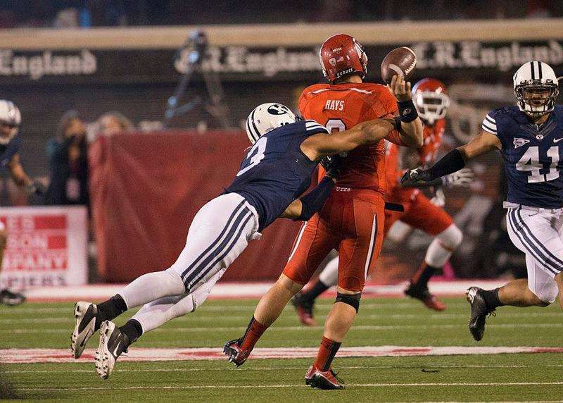 Kyle Van Noy hits Utah quarterback Jon hays on Sept. 15, 2012.