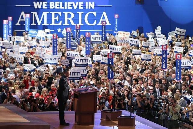 Republican presidential nominee Mitt Romney acknowledges delegates before speaking at the Republican National Convention in Tampa, Fla., on Aug. 30, 2012. Salt Lake City is no longer under consideration as host city for the 2024 Republican National Convention, according to Politico. 