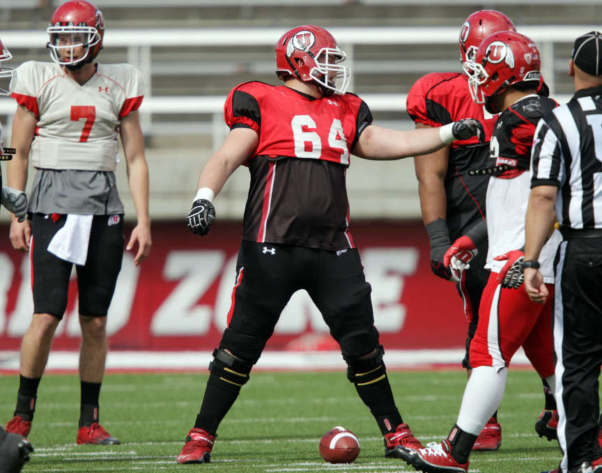 Utah Utes offensive lineman Vyncent Jones (64) calls a play during a team scrimmage (Jeffrey D. Allred, Deseret News)