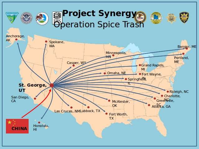 Map showing the distribution of Spice flowing through St. George and then on to other locations in the U.S.