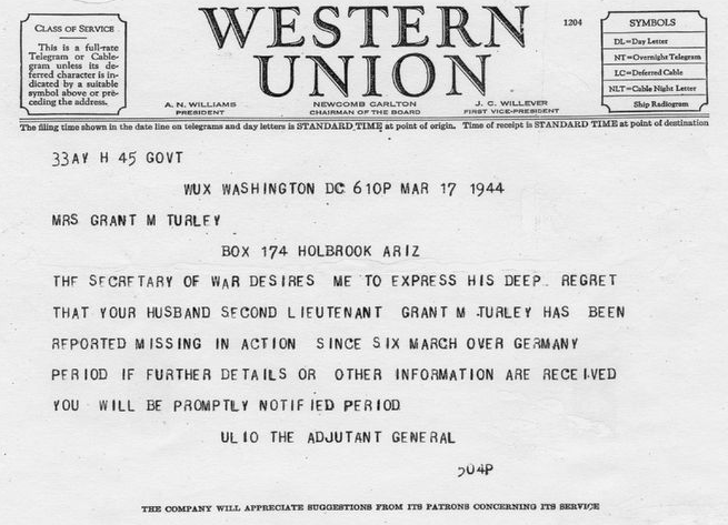 This is the telegram Kitty Turley received on March 17, 1944, notifying
her that her husband was missing in action. (Photo: Wanda Smith)