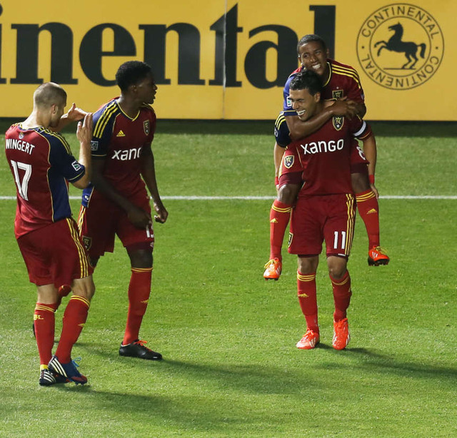Real's Javier Morales celebrates the game tying goal with teammates as 
Real Salt lake and the Philadelphia Union play to a 2-2 tie Wednesday, 
July 3, 2013 at Rio Tinto Stadium. (Scott G Winterton, Deseret News)