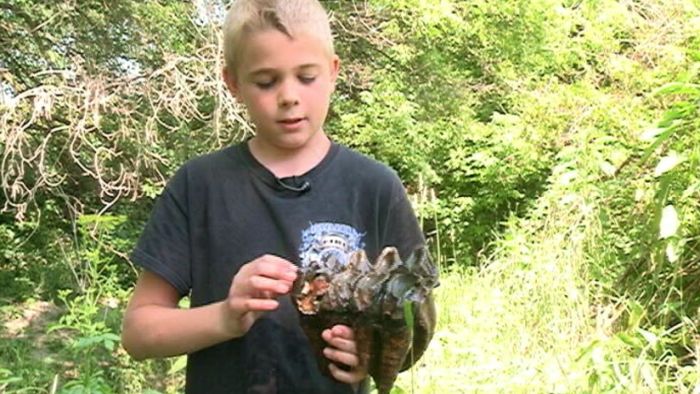 Chase Redfern, 11, holds a 20,000-year-old mastodon molar. He and 
three of his friends found the tooth in a river.