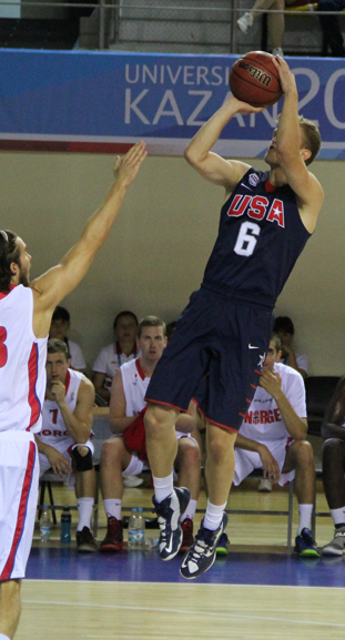 BYU's Tyler Haws shoots against Norway in World University Games action from Sunday in Kazan, Russia