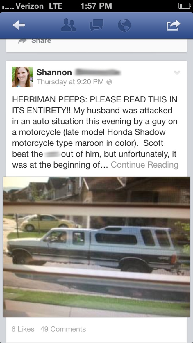 Facebook post showing the truck.