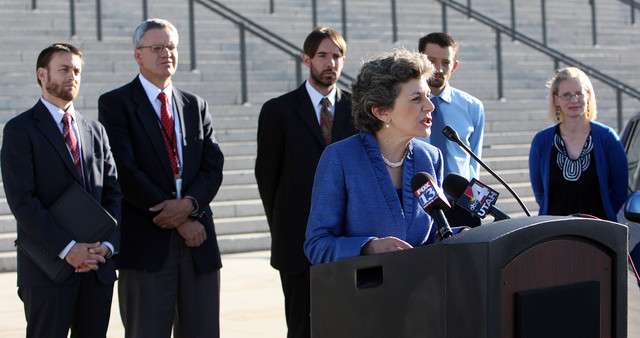 Rep. Patrice Arent, D-Millcreek, speaks during a press briefing concerning alternative fuel vehicle strategies at the Capitol in Salt Lake City, Wednesday, Aug. 7, 2013.