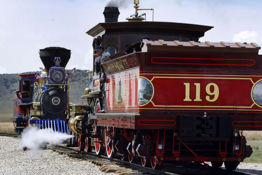 The Jupiter and the 119 meet nose to nose prior to the ceremony. The
Golden Spike National Historic Site celebrates the 141st anniversary of
the day the country was united by rail. Monday, May 10, 2010. Photo
by Scott G Winterton Deseret News. (Submission date: 05/10/2010)