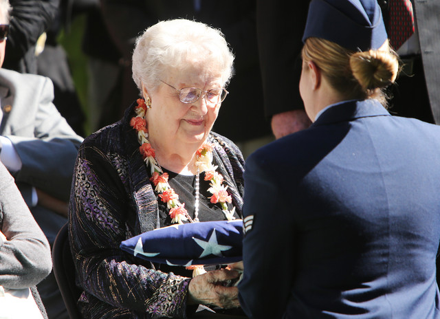 Elaine Jack, sister of Lt. Vernal J. Bird, receives the American Flag during his funeral in Springville Saturday, Sept. 28, 2013. (Jeffrey D. Allred, Deseret News)