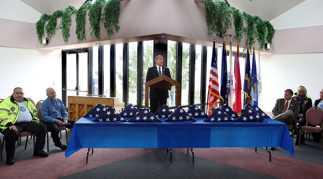 Col. Gary Harter of the Utah Dept. of 
Veterans Affairs speaks at a military funeral 
for eleven veterans whose remains have been 
in the care of two area mortuaries at the 
Utah Veterans Memorial Park in Bluffdale on 
Thursday, Oct. 3, 2013. The Missing In 
America Project conducted its second mission 
in the State of Utah by honoring eleven 
veterans whose remains have been in the care 
of two area mortuaries, yet remained 
unclaimed. (Photo: Laura Seitz, Deseret News)