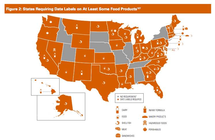 Map of states requiring date labeling on at least some products.