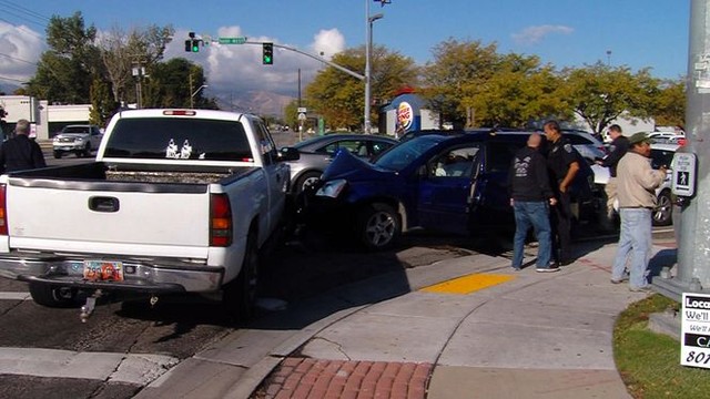 Thursday morning, Unified police officers chased a vehicle reported stolen out of Sandy, until it T-boned into the side of a pickup truck near 5600 West and 3500 South. A man and woman got out of the vehicle and ran but were later arrested (Photo: KSL TV)