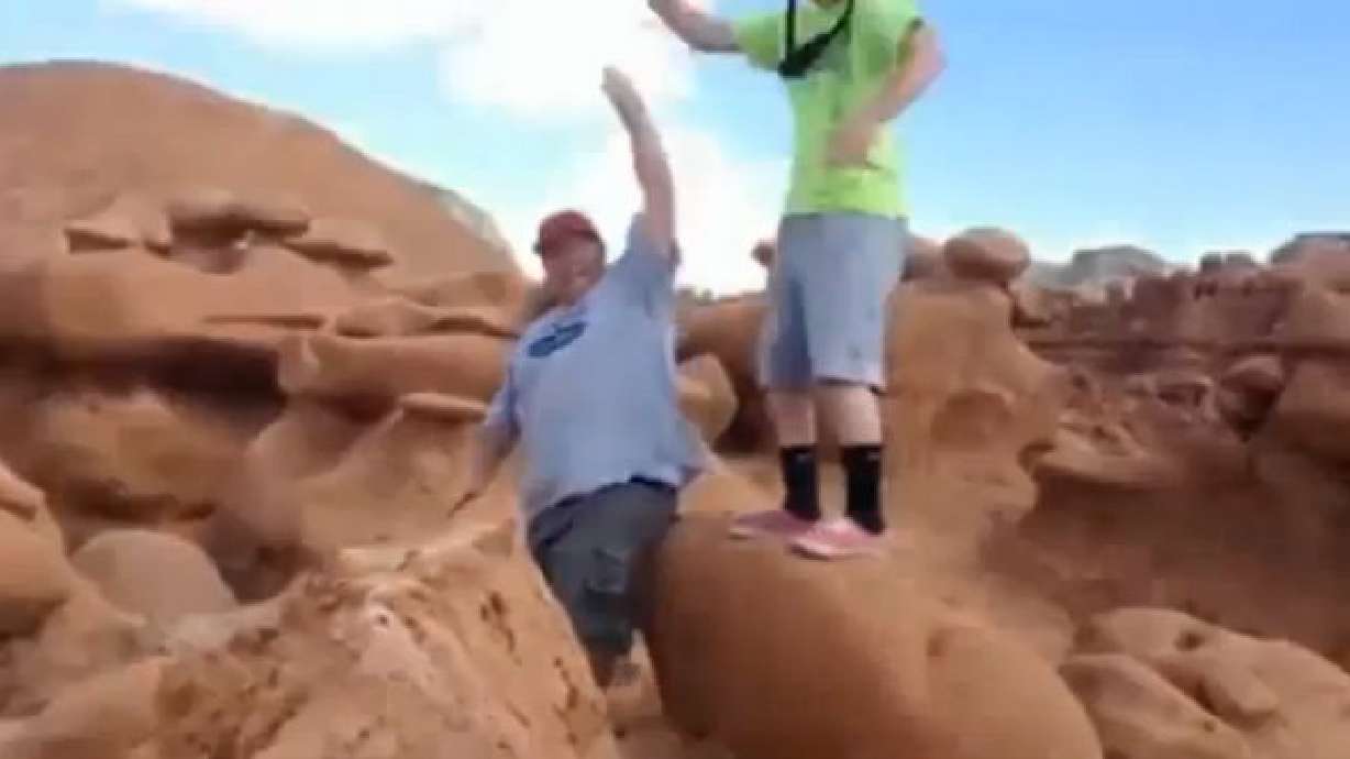 Men in video of Goblin Valley rock toppling charged