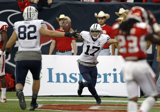 BYU's Skyler Ridley (17) celebrates his game-winning touchdown
during the second half of an NCAA college football game, Saturday,
Oct.19, 2013 in Houston. BYU defeated Houston, 47-46. (AP
Photo/Eric Christian Smith)