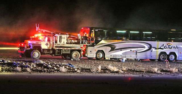 An eastbound Le Bus bus traveling from Wendover collided into the back of a construction vehicle, killing the driver and critically injuring three passengers about 34 miles east of Wendover on Monday, Oct. 28, 2013. (Photo: Tom Smart, Deseret News)