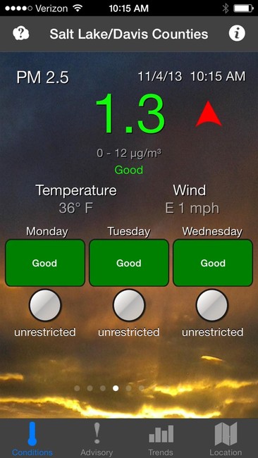Utah Air app, developed by students at WSU as part of the National Center for Automotive Science and Technology in partnership with the DAQ, displays both ozone and small particulate matter data collected by DAQ monitors throughout the state. (Photo: Utah Division of Air Quality)