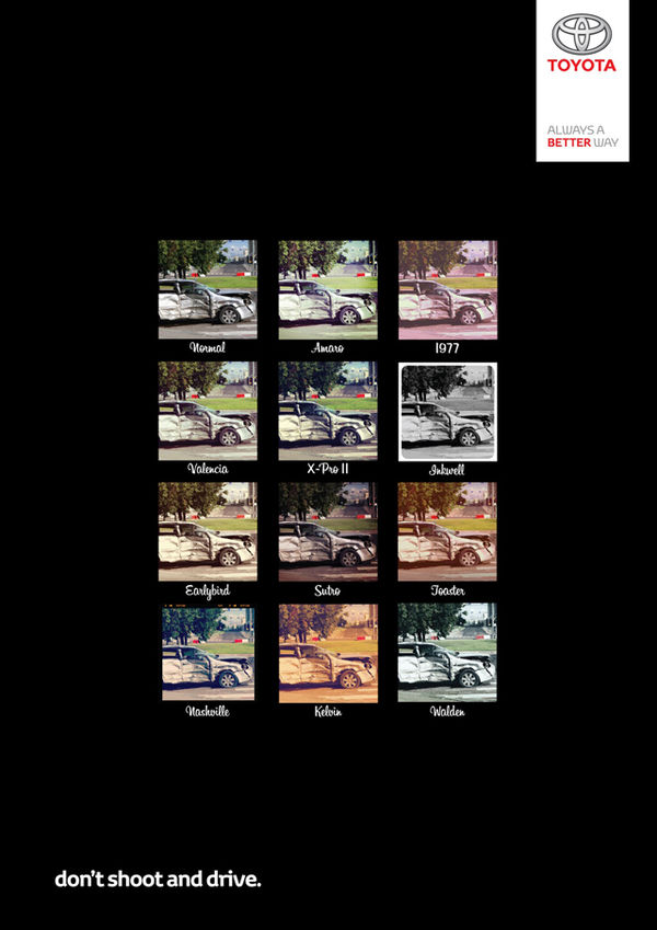 Toyota recently released their "Dont shoot and
drive" ad aimed at Instagram-happy drivers.