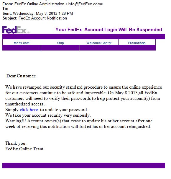 Example of a fraudulent email