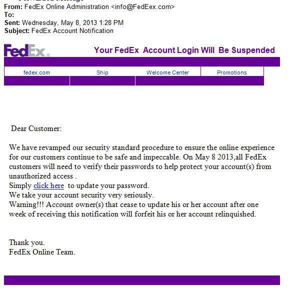 Example of a fraudulent email
