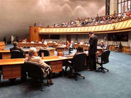 Senate lawmakers debate a gay marriage bill at the Hawaii Capitol in Honolulu on Tuesday, Nov. 12, 2013. The bill allowing same-sex couples to wed on the islands starting Dec. 2 is expected to pass easily barring any unexpected surprises. (AP Photo/Oskar Garcia)