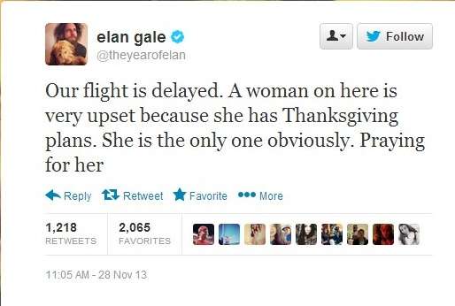 Elan Gale tweeted a photo of a glass of wine
and note he said he sent to the "lady in 7A"
during a mid-air Thanksgiving spat that he
later admitted he made up.