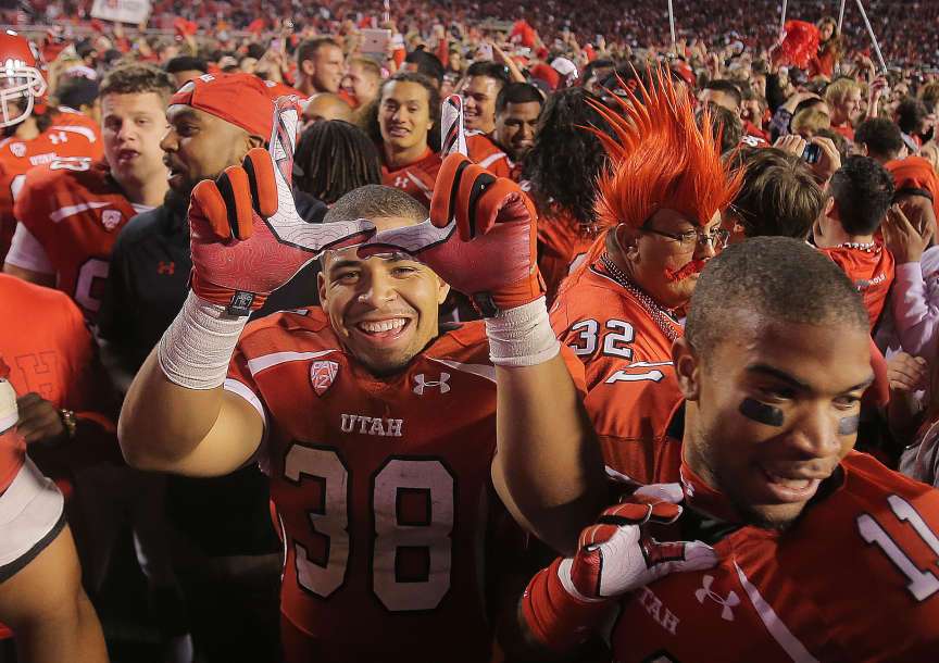 Utah's Karl Williams flashes his "U" as the Utes celebrate their win over
Stanford Saturday, Oct. 12, 2013 at Rice Eccles Stadium in Salt Lake
City. Utah won 27-21.