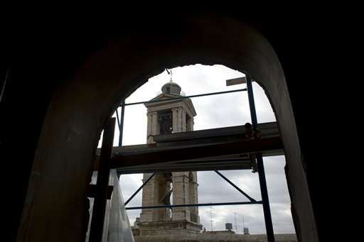 In this Tuesday Dec. 10, 2013 photograph,
scaffoldings are seen around the Church of the
Nativity in the West Bank city of Bethlehem.