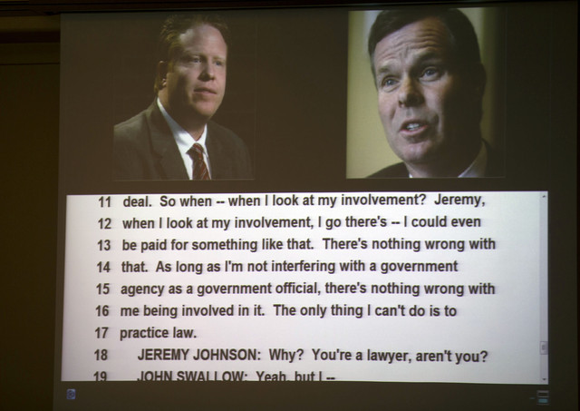 The conversation between Jeremy Johnson and
John Swallow that happened on April 30, 2012 at
a Krispy Kreme doughnut shop is played for
members of the House Special Investigative
Committee at the Capitol on Thursday, Dec. 19,
2013. Johnson secretly recorded the meeting.
(Submission date: 12/19/2013)