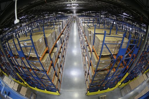 This Nov. 25, 2013 photo taken with a fisheye
lens shows boxes of food stacked at the Church
of Jesus Christ of Latter-day Saints' Utah
Bishops' Central Storehouse in Salt Lake City.
At the massive warehouse, shelves are stacked
tall with boxes of food the church uses to
stock 143 grocery store-like storehouses it
runs across the Americas to provide food to
members in need.