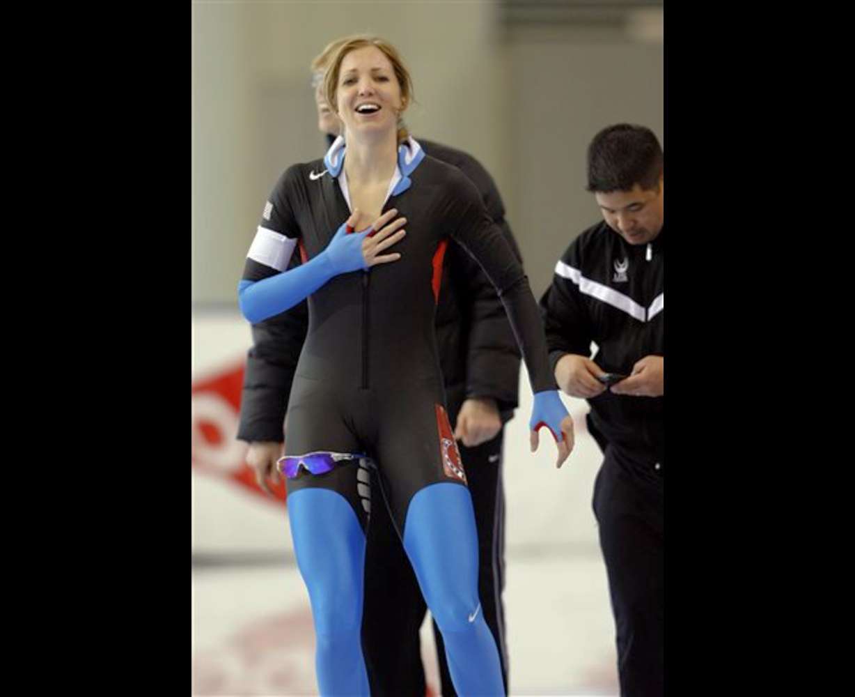 In this Dec. 30, 2009 file photo, Rebekah
Bradford reacts after skating to a first place
finish in the women's 1,000-meter event at the
US Olympic speedskating trials at the Utah
Olympic Oval in Kearns.