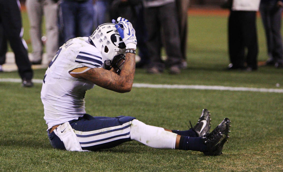 Brigham Young Cougars wide receiver Cody Hoffman (2) can't come up
with a pass in endzone during the Fight Hunger Bowl in San Francisco
Friday, Dec. 27, 2013.