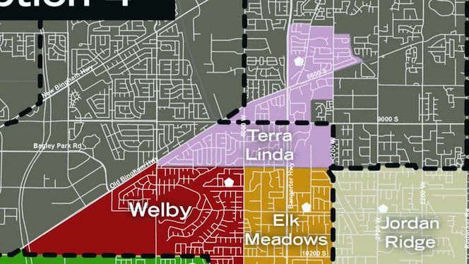 The Jordan School District recently proposed four options for changing school boundaries, but people living between 9000 South and 9435 South, and 3200 West and Old Bingham Highway (shown in purple) say they've been left out of the decision making process. (Photo: Jordan School District)